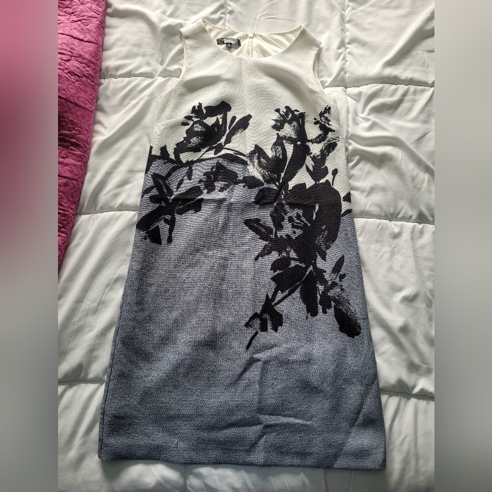 Sleeveless white and periwinkle dress with black flower detail